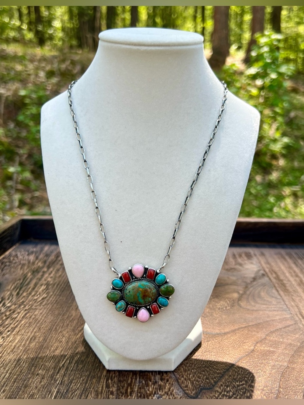 925 Sterling Silver Multi Stone Cluster Necklace Turquoise, Pink Conch, Coral - Picture 6 of 13